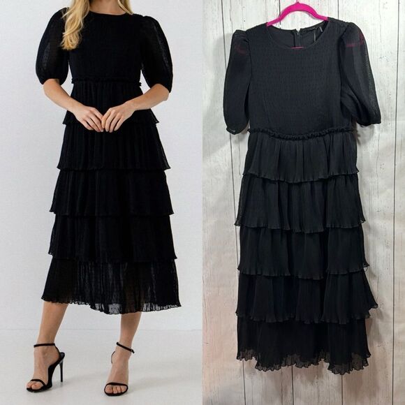 English Factory Womens Tiered Dotted Pleated Black Puffy Sleeve Midi Dress - Picture 1 of 14